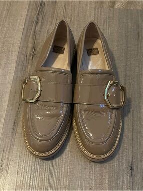 Louise et Cie Taupe Patent Loafers with Gold Buckles